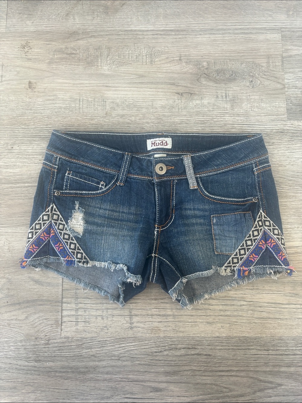 Mudd Dark Blue Denim Embroidered Frayed Hem Shorts